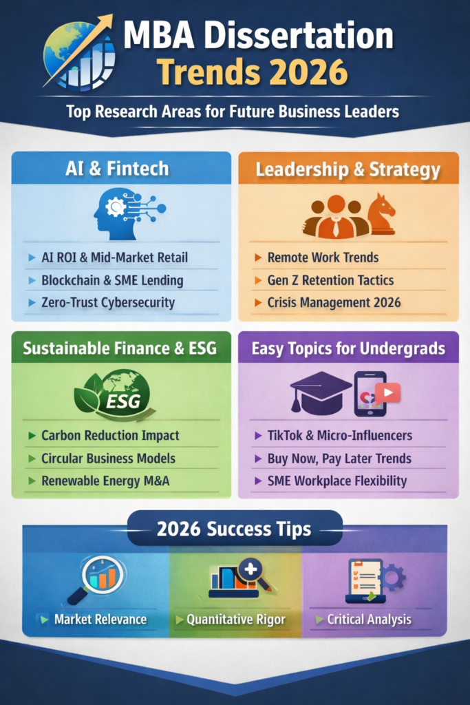 nfographic of top 30 MBA dissertation topics for 2026, including AI ROI, ESG financial modeling, and remote leadership strategy.